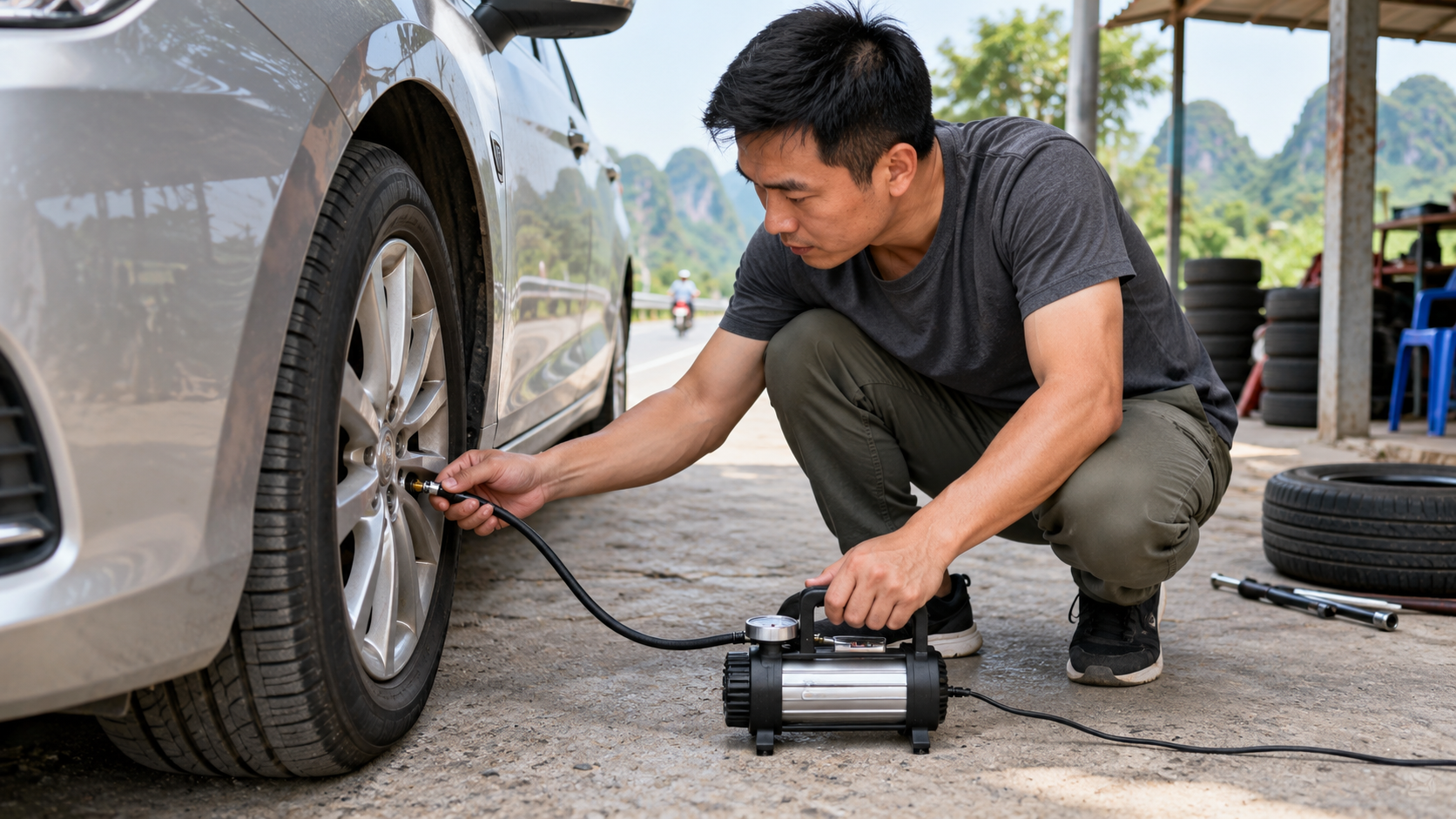 Chủ xe sử dụng máy bơm lốp ô tô mini để bổ sung khí thường khi lốp đã bơm Nitơ bị thiếu áp suất