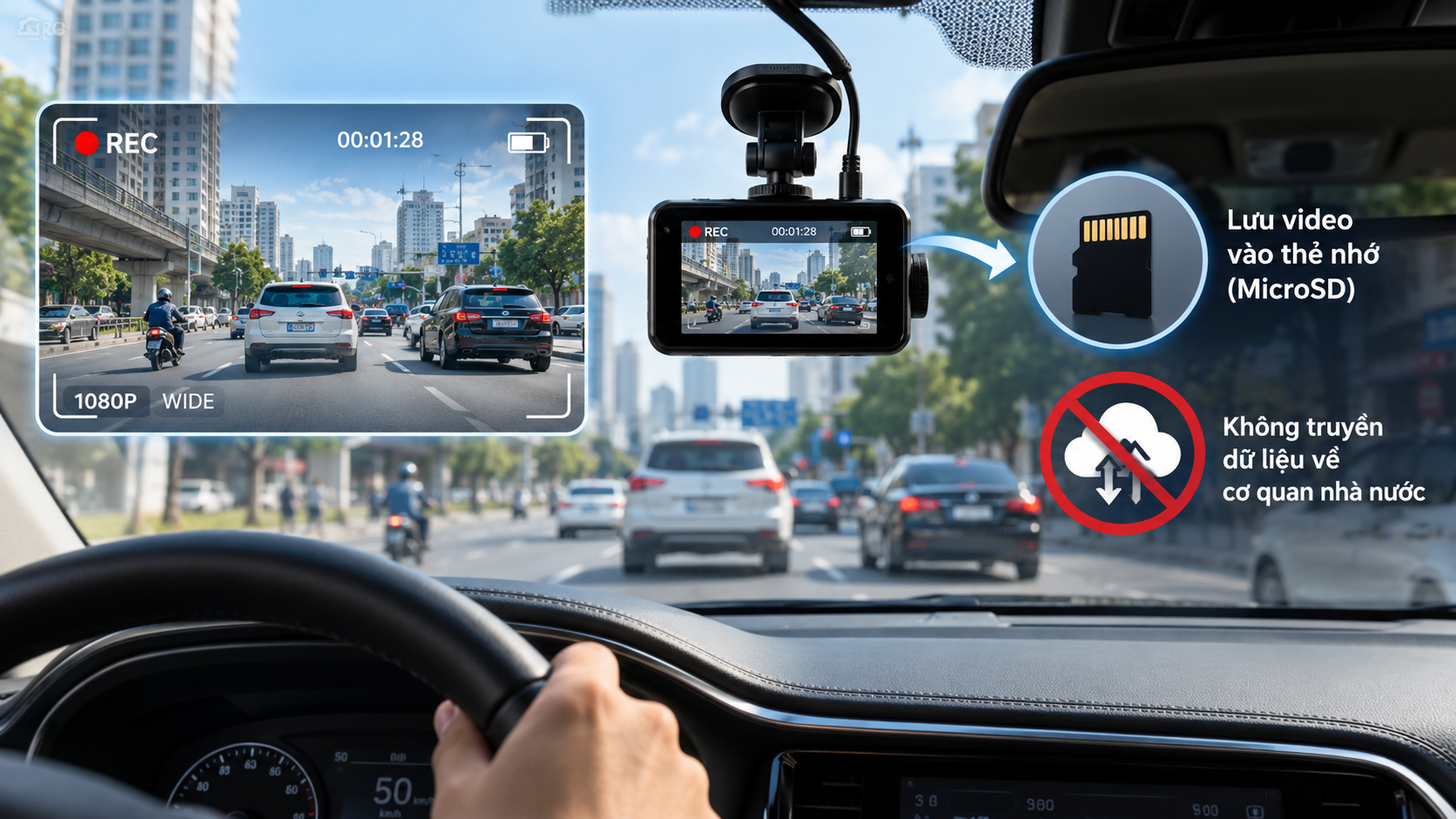 Camera hành trình ô tô ghi hình giao thông phía trước và lưu video cục bộ vào thẻ nhớ MicroSD trên xe