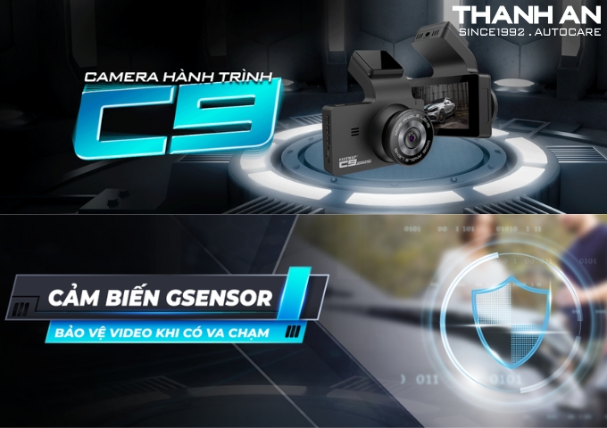 Camera hành trình Vietmap C9 được trang bị cảm biến G-Sensor bảo vệ video khi có va chạm