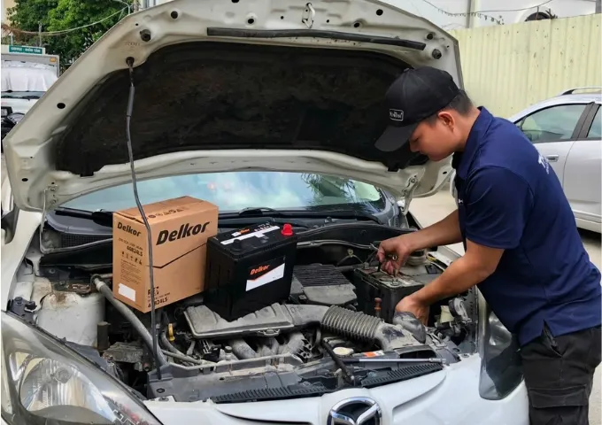 Kỹ thuật viên thay bình ắc quy Delkor cho xe ô tô Mazda tại gara