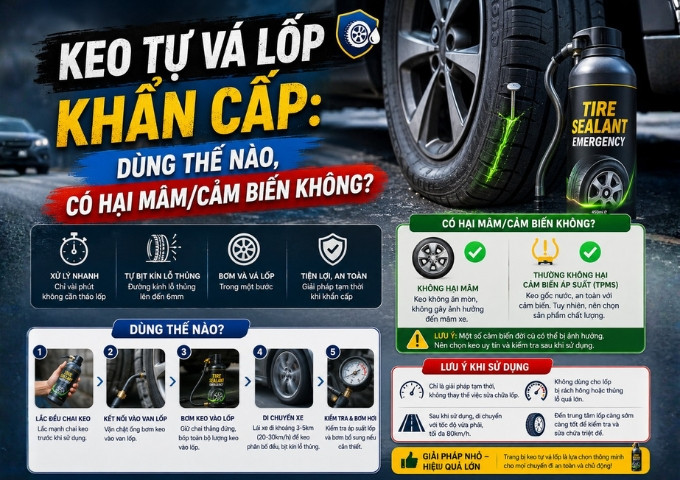 Keo tự vá lốp khẩn cấp: dùng thế nào, có hại mâm/cảm biến không?