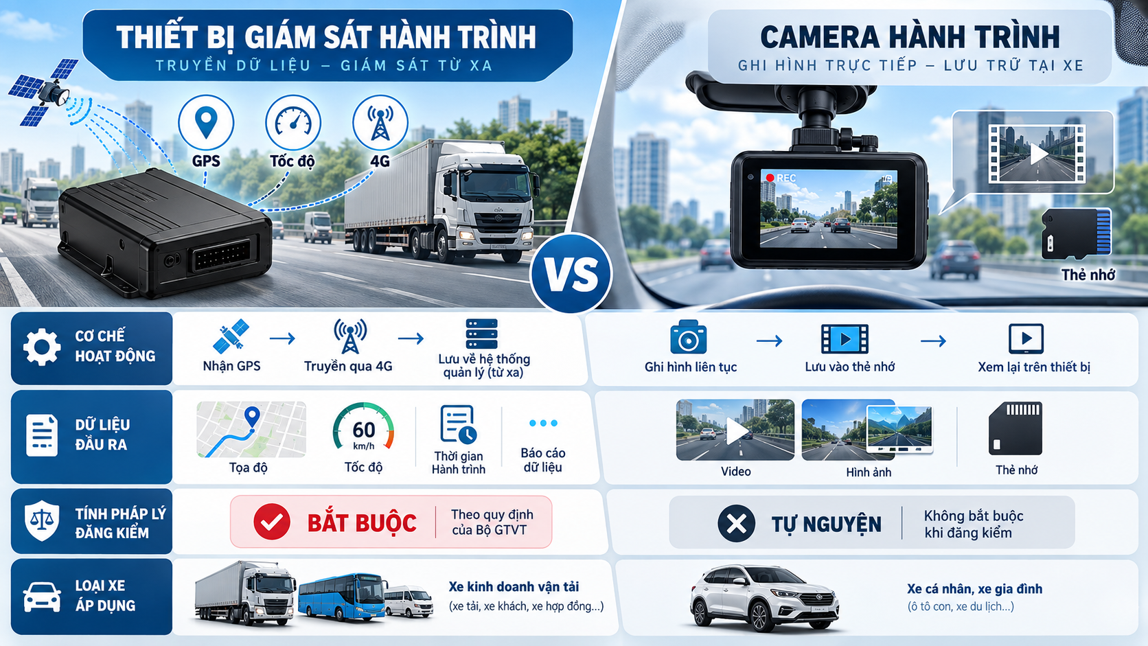 Infographic phân biệt thiết bị giám sát hành trình bắt buộc và camera hành trình tự nguyện theo chức năng và loại xe áp dụng