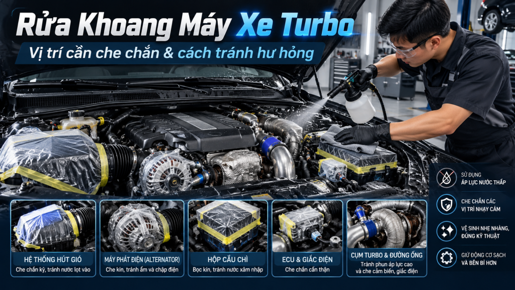 Rửa Khoang Máy Xe Turbo: Vị Trí Cần Che Chắn Và Cách Tránh Hư Hỏng