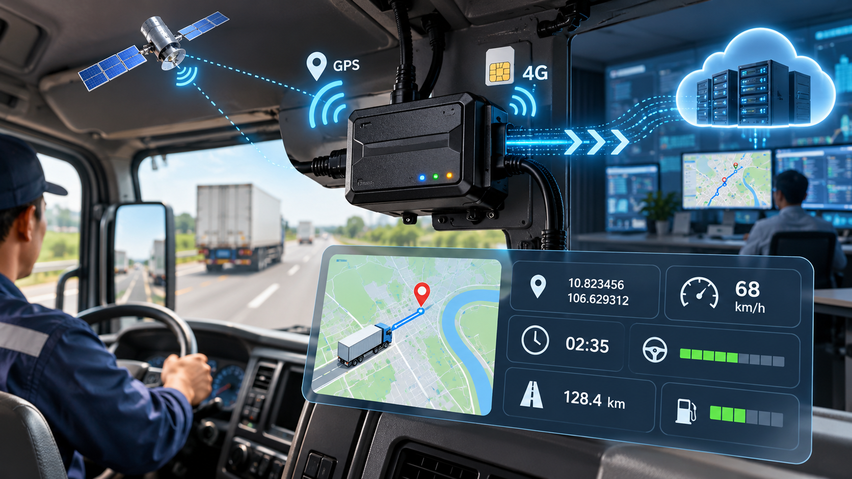 Thiết bị giám sát hành trình trên xe tải truyền dữ liệu GPS, tốc độ và vị trí qua mạng 4G về hệ thống quản lý