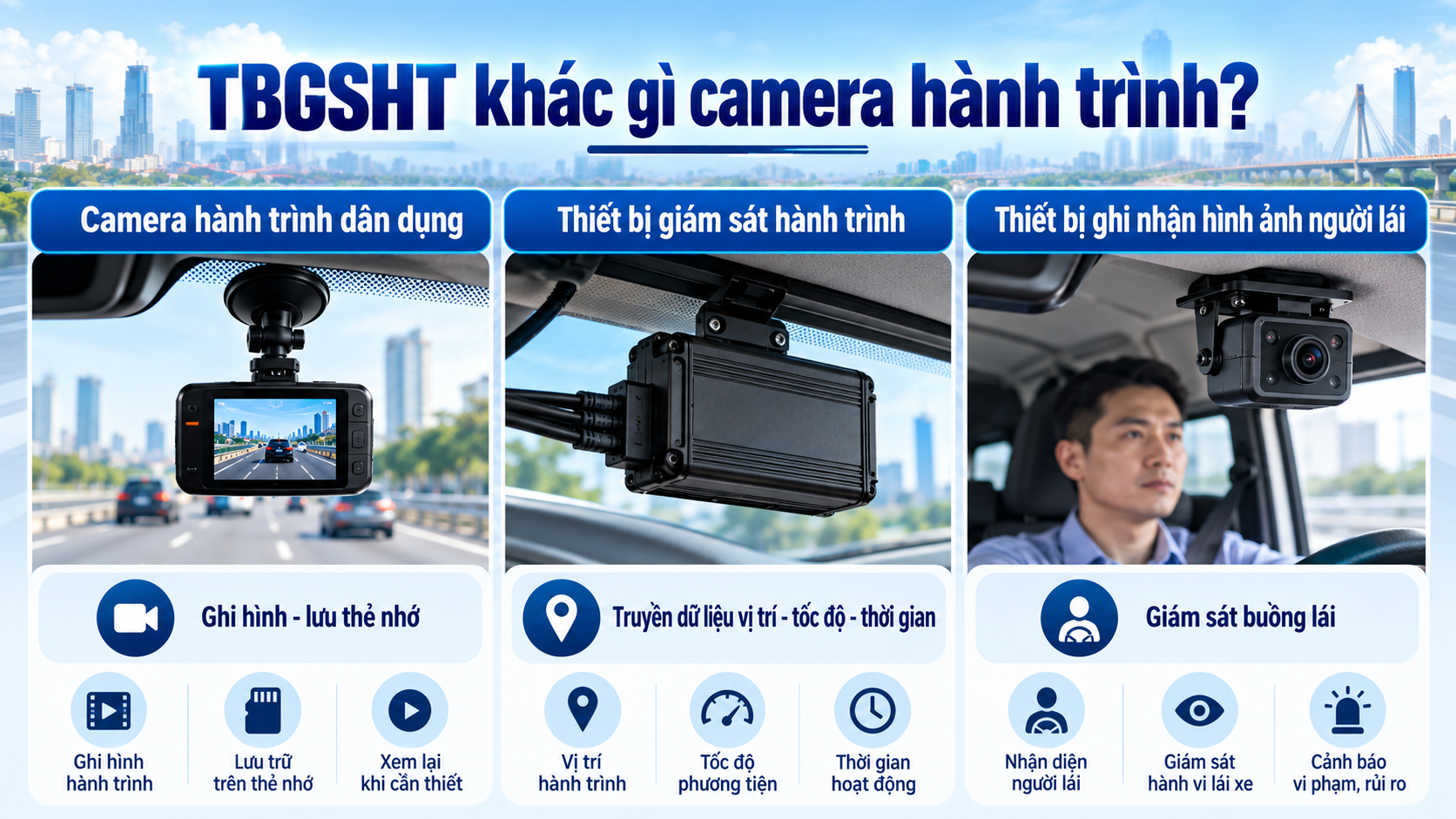 So sánh thiết bị giám sát hành trình với camera hành trình dân dụng và camera ghi hình người lái xe