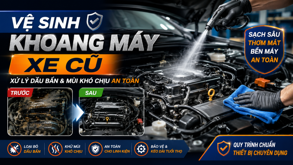 Vệ sinh khoang máy xe cũ: Xử lý dầu bẩn & mùi khó chịu an toàn