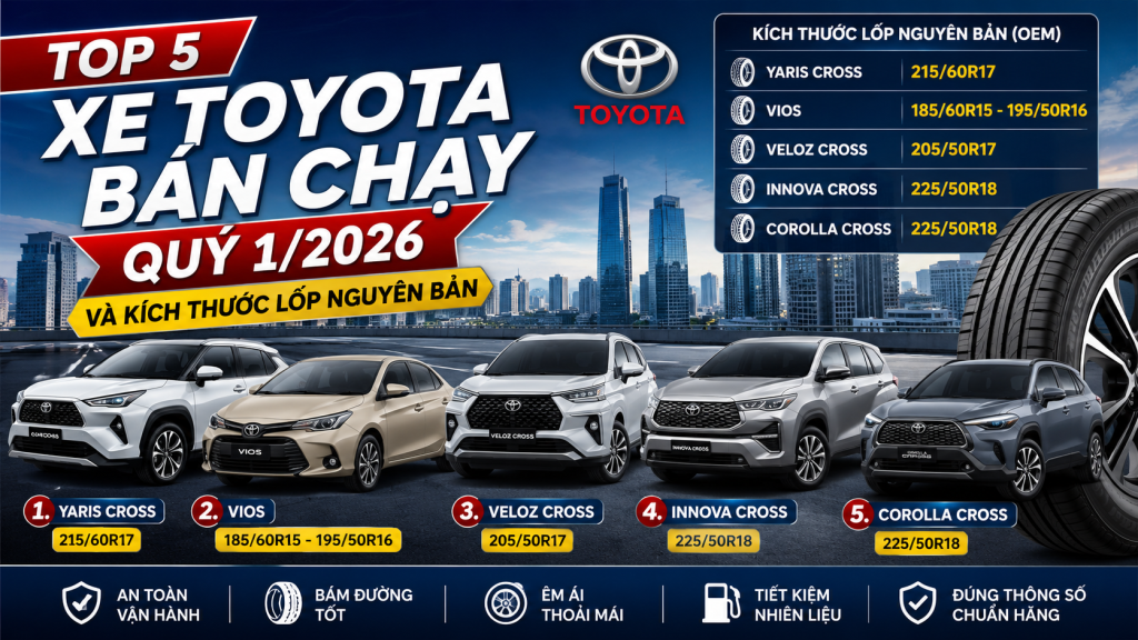 Top 5 Xe Toyota Bán Chạy Quý 1/2026 Và Kích Thước Lốp Nguyên Bản